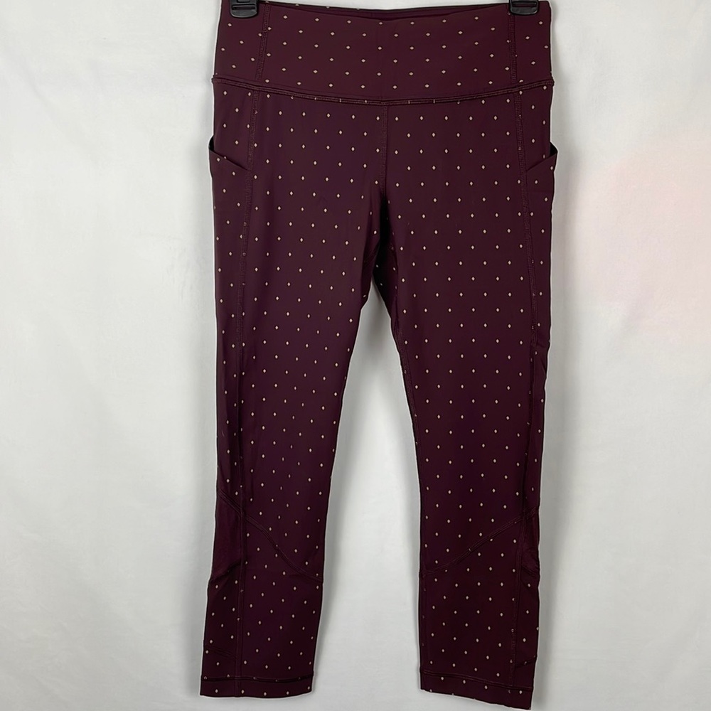 Lululemon Mind Over Miles Burgundy w/Gold Diamonds Crop Leggings - Size 4